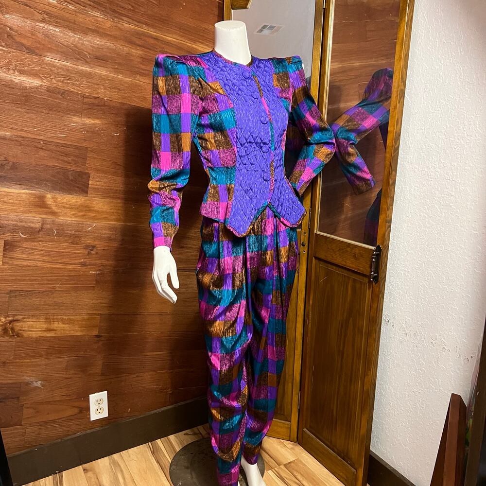 VINTAGE 80s Harrison Holman 2 Piece Pantsuit Size 4 Plaid Peplum Cap Sleeve